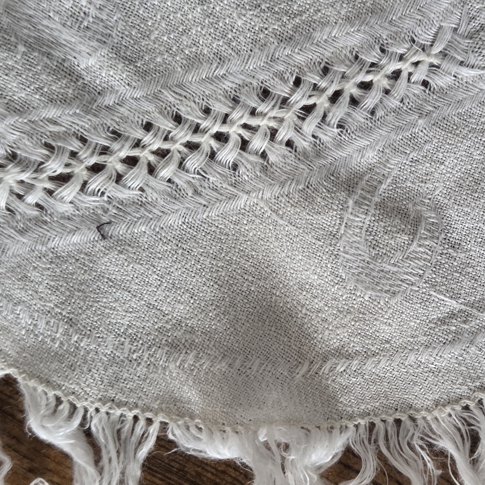 Vintage White Oval Fringe Table Scarf w/Hairpin Lace Embellishments
